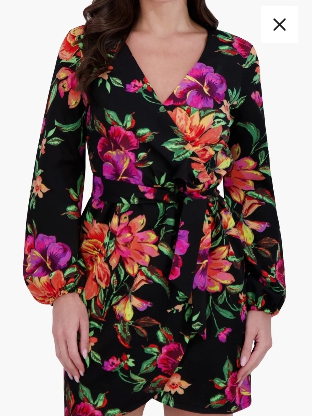 Siena Black Floral Multicolor Long Sleeve Tie Waist Mini Wrap Dress 8 (222B6)